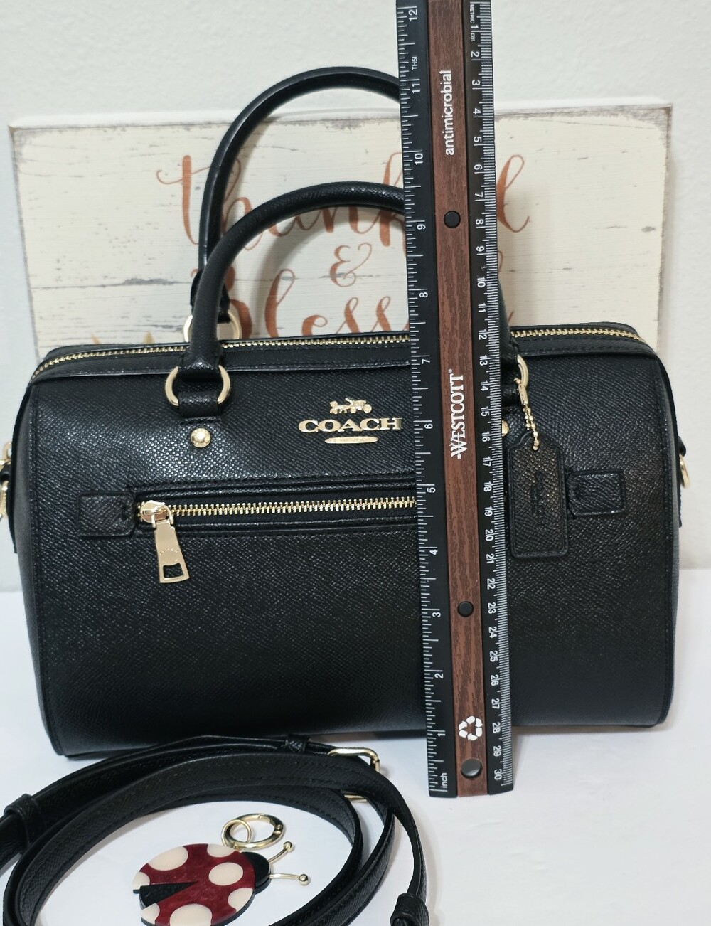 Coach Rowan BLACK Gold Medium Crossbody Bag Crossgrain Leather Shoulder Purse π - Picture 12 of 15